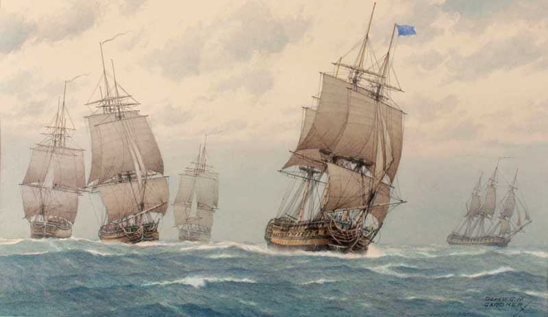Artist: Derek G M Gardner, RSMA; Painting: After the Gale<br>The 98 Gun Ship St George bound for Copenhagen 1801