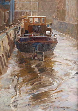 Artist: Geoff Hunt; Painting: 'Vogelzand' in Ransomes Dock, Battersea