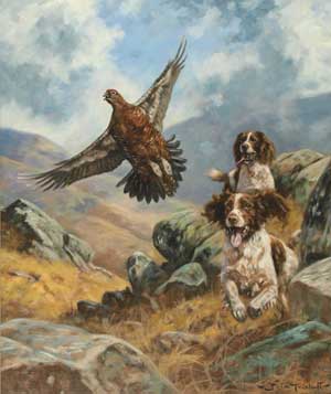 Artist: John Trickett; Painting: Springers flushing grouse
